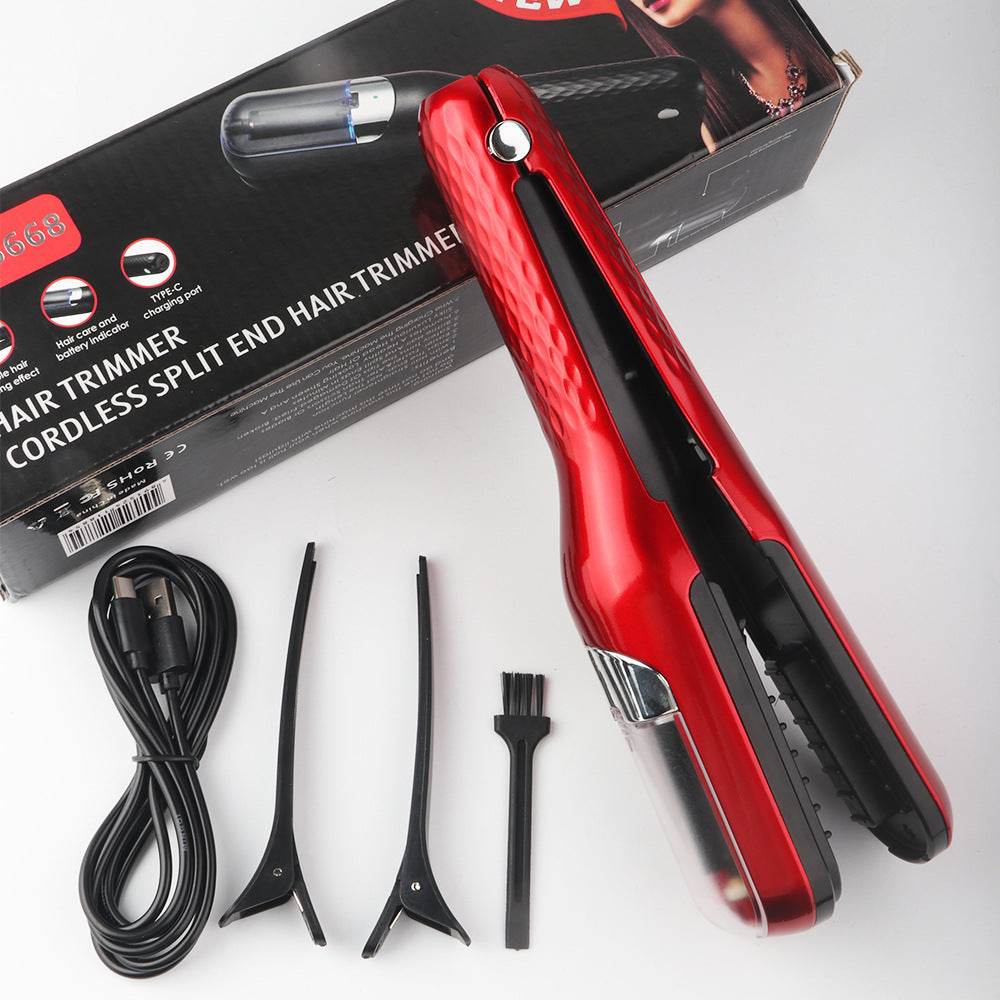 Split End Hair Trimmer for Smooth Healthy Looking Hair, red cordless clipper with accessories and box.